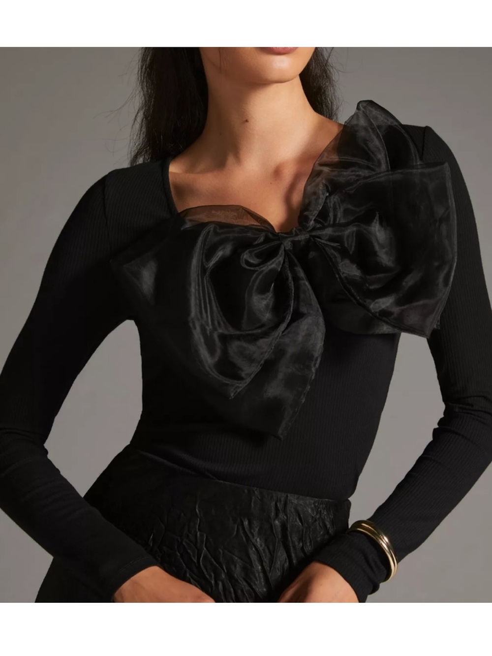 Anthropologie Sunday in Brooklyn Medium Bow Top Black Rib Office Preppy Minimal